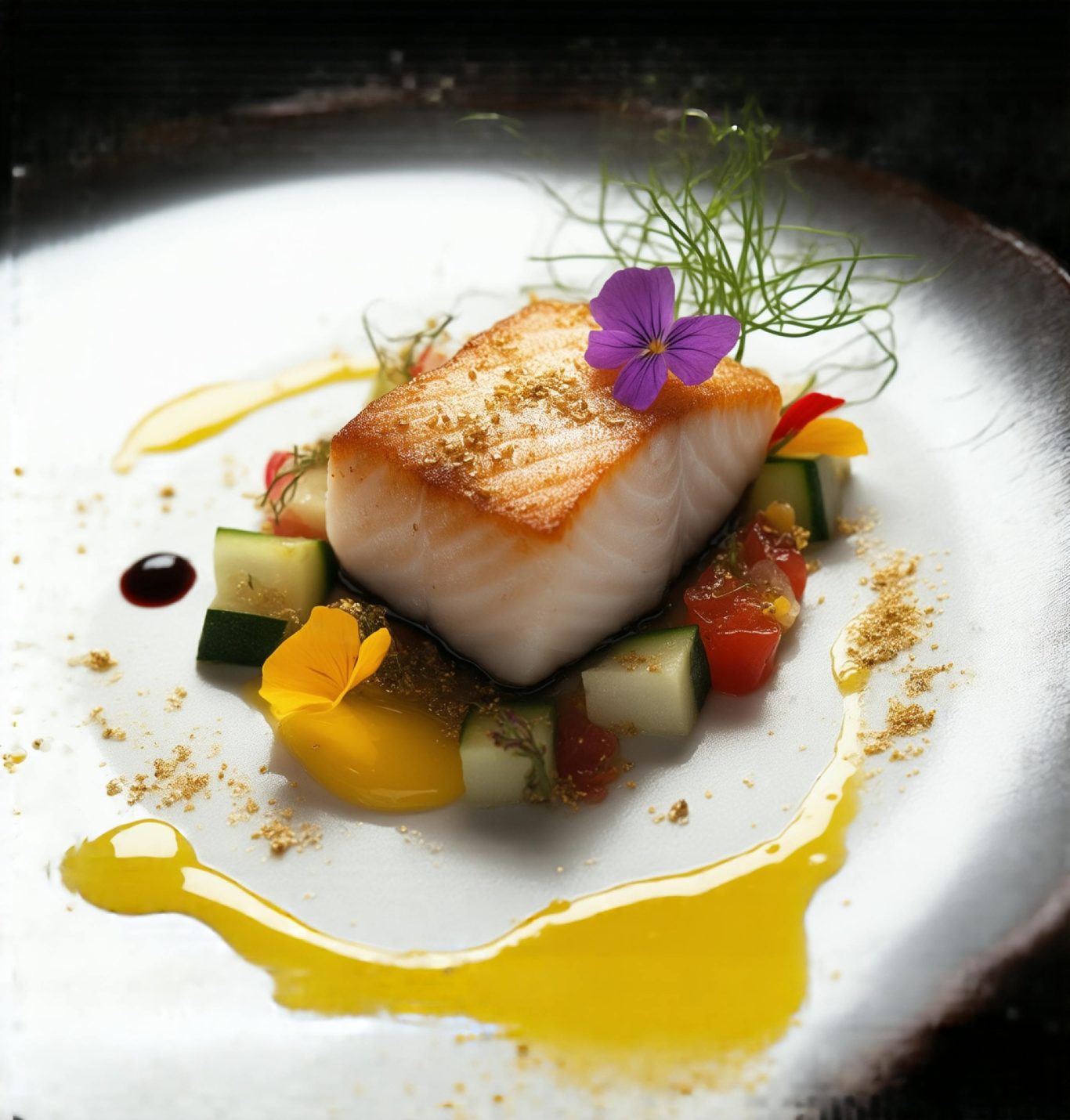 Gegrillter Fischfilet auf buntem Gemüse mit Blüten dekoriert.